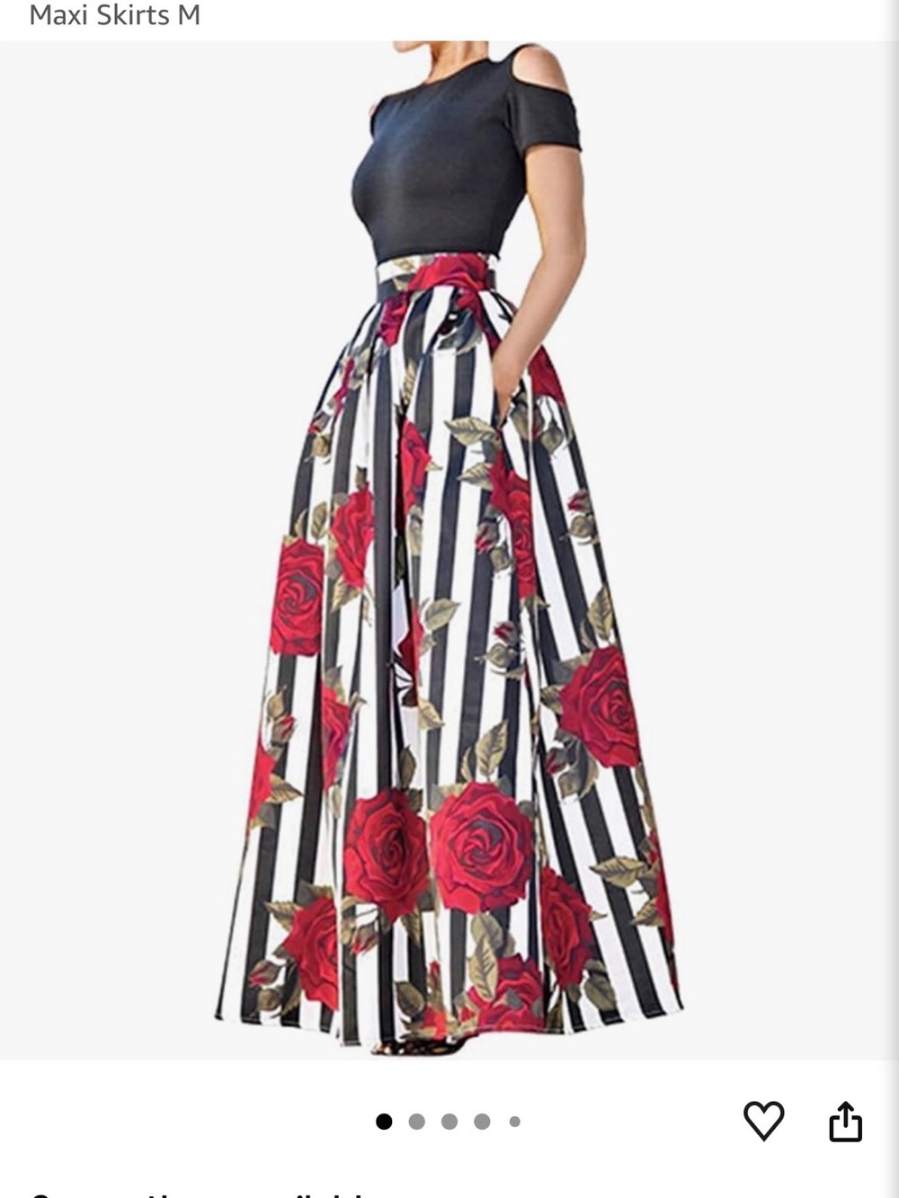Women’s Cold-Shoulder Black Top with Floral Stripe Skirt Set - Black & Red